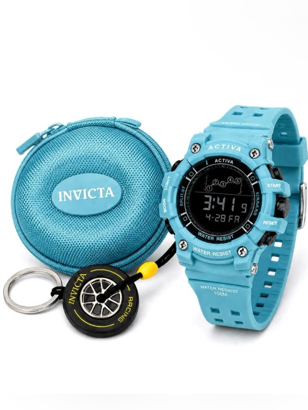 Invicta Activa 50mm Digital Sport Watch Light Blue Case Travel Pod Keychain New